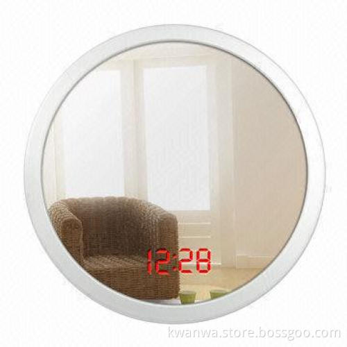 Round clock with mirror and with daily alarm, hourly alarm and snooze function